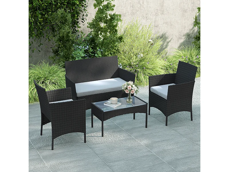 Ensemble salon de jardin 4 personnes 4 pièces résine tressée plateau verre trempé noir gris