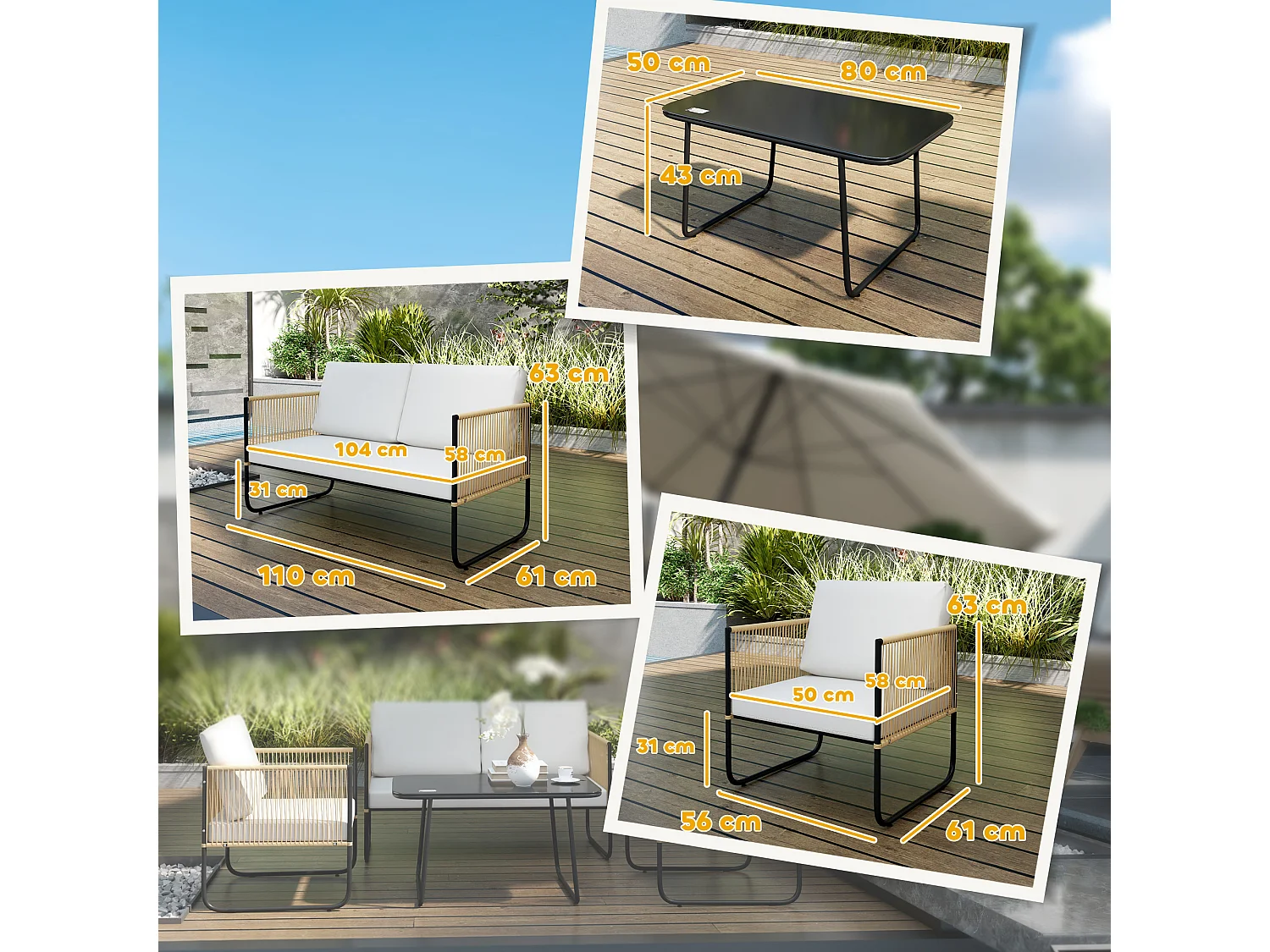 Salon de jardin 4 personnes 4 pièces style colonial acier noir résine filaire naturel