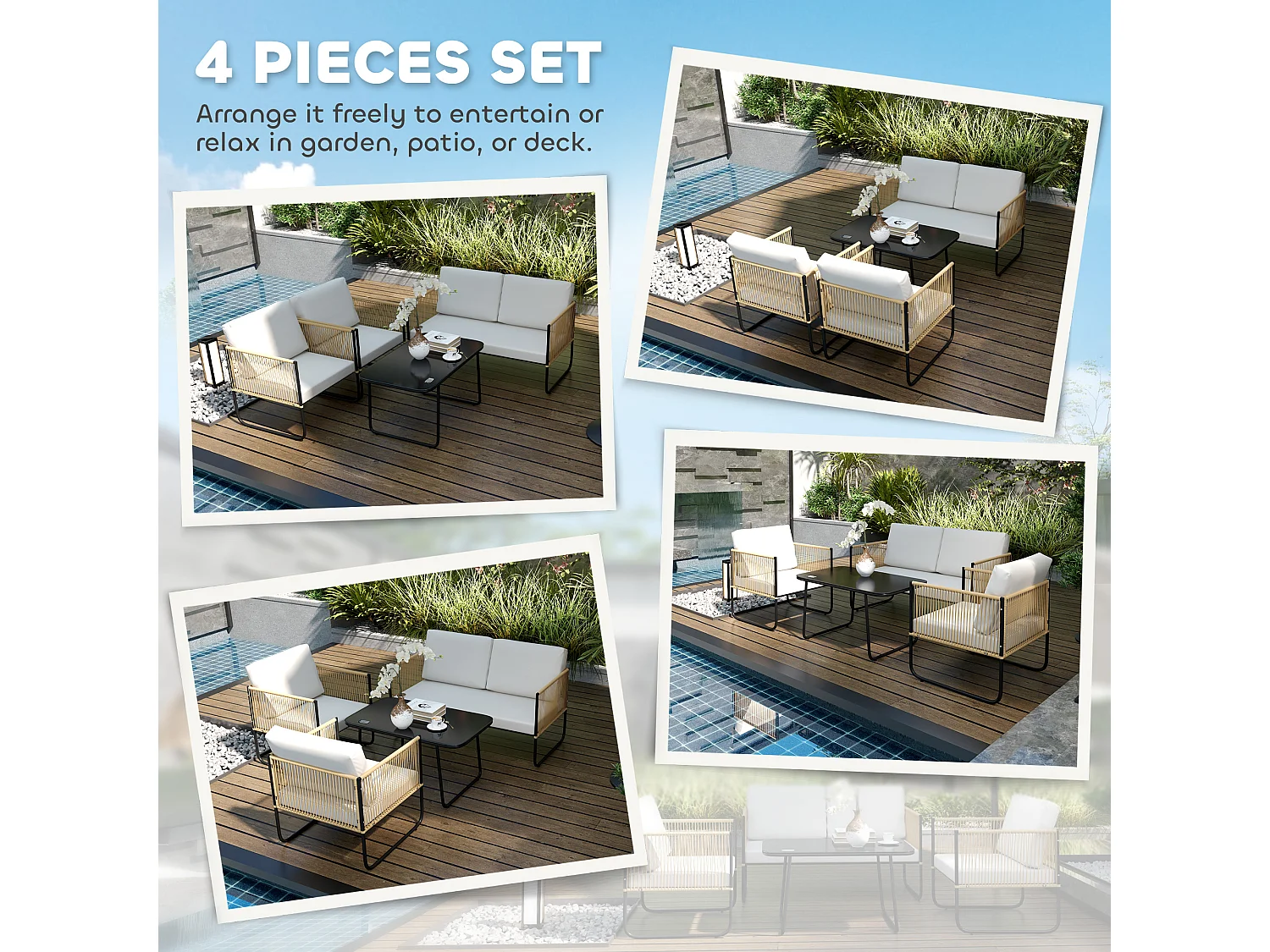 Salon de jardin 4 personnes 4 pièces style colonial acier noir résine filaire naturel