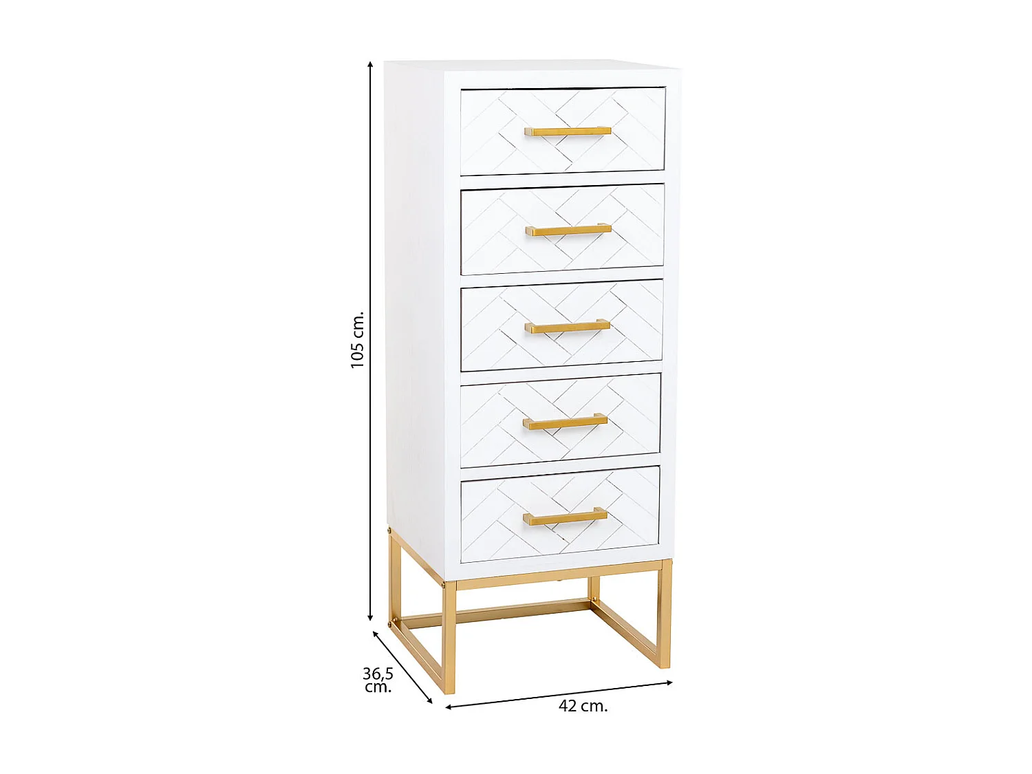 Cómoda com 4 gavetas, madeira e metal, 42x36,5x105h cm