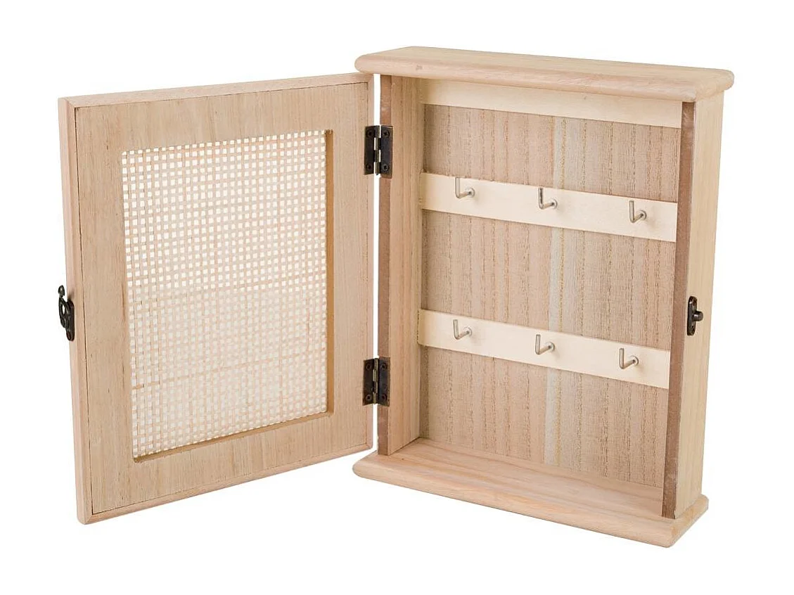 Schlüsselkasten aus Holz und braunem Netzgeflecht, 24 x 7,5 x 30 h cm