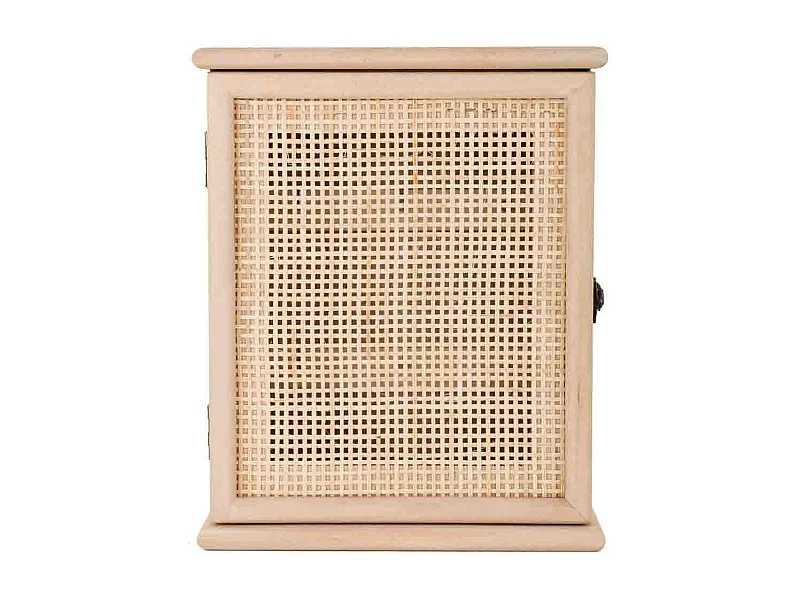 Schlüsselkasten aus Holz und braunem Netzgeflecht, 24 x 7,5 x 30 h cm