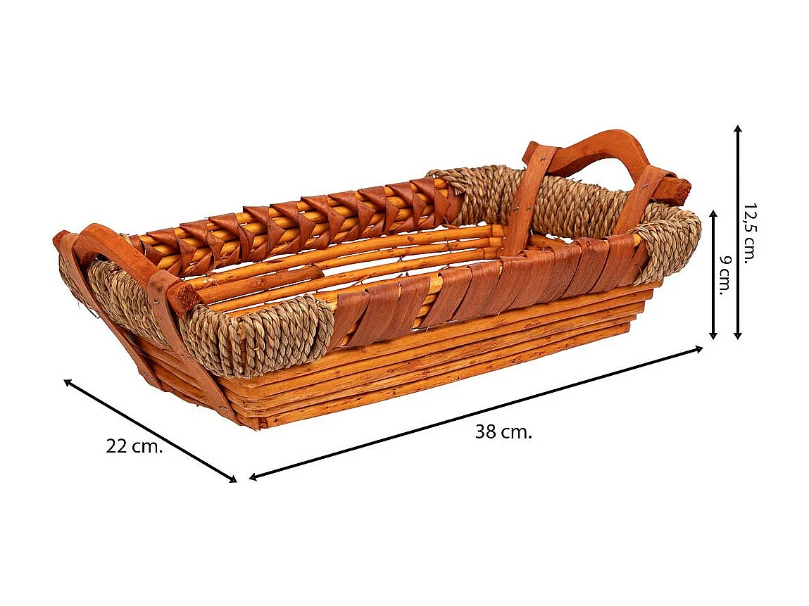 Plateau en osier et bois 38x22x9/12,5h cm