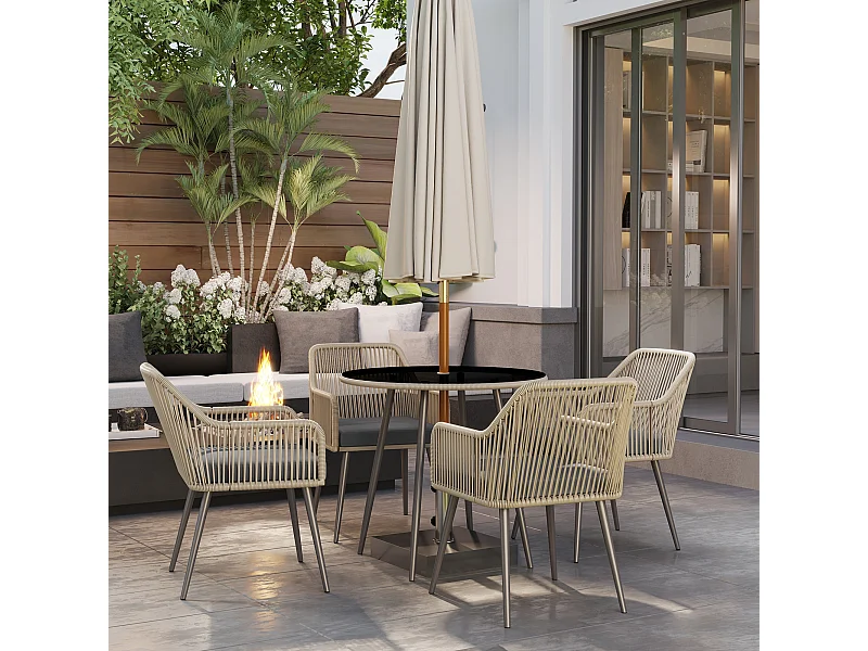 Salon de jardin 3 pièces 2 places avec coussins plateau table verre trempé noir résine filaire gris