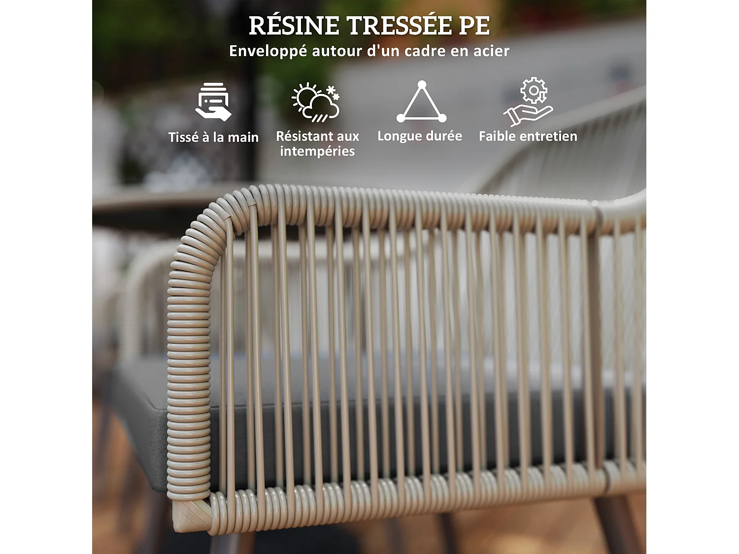 Salon de jardin 3 pièces 2 places avec coussins plateau table verre trempé noir résine filaire gris