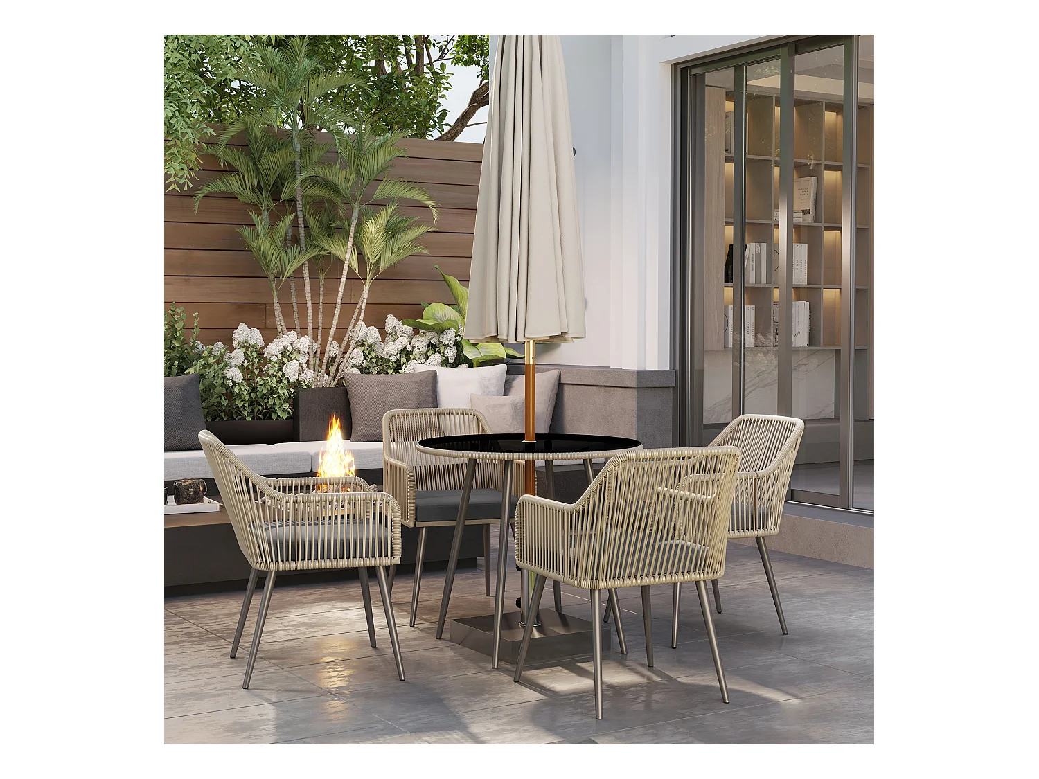 Salon de jardin 3 pièces 2 places avec coussins plateau table verre trempé noir résine filaire gris