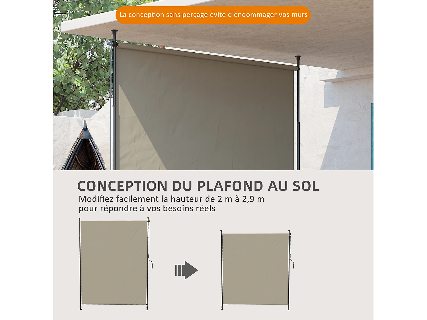 Store vertical réglable avec manivelle - brise-vue - installation sans perçage - alu métal grège