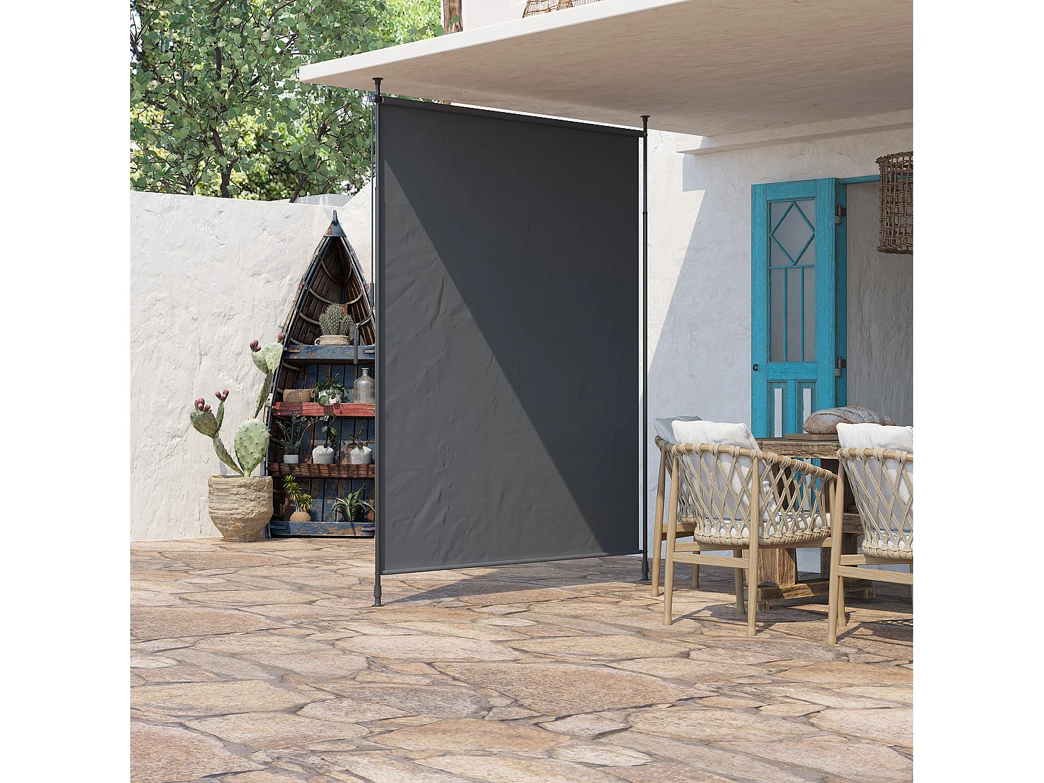 Store vertical réglable avec manivelle - brise-vue - installation sans perçage - alu métal gris