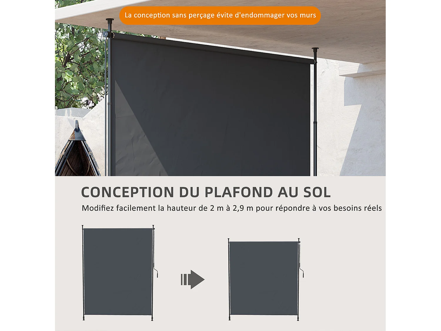 Store vertical réglable avec manivelle - brise-vue - installation sans perçage - alu métal gris