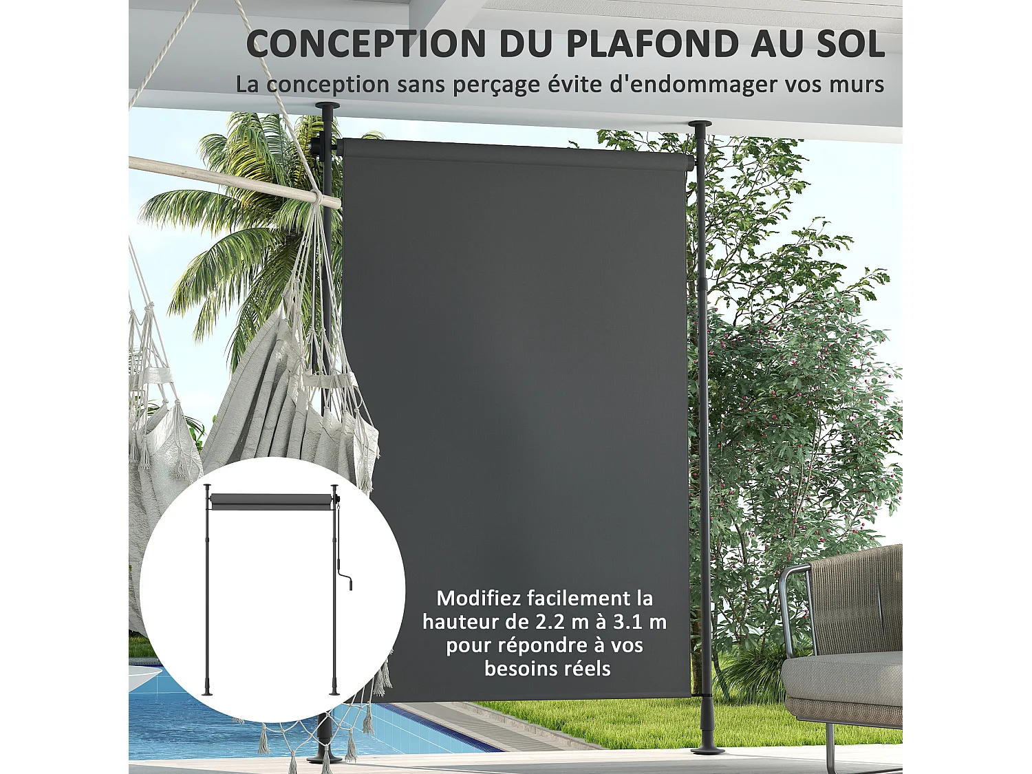 Store extérieur sur pied store manuel rétractable enroulable réglable H.2,2-3,1m sans perçage métal polyester gris