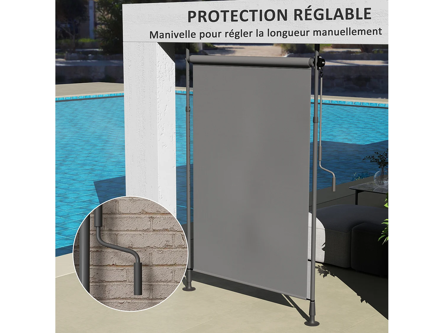 Store extérieur sur pied store manuel rétractable enroulable réglable H.2,2-3,1m sans perçage métal polyester gris