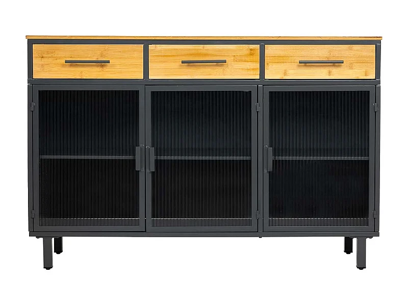 Credenza in vetro, metallo e legno 3 cassetti nero 120x35x79,5h cm