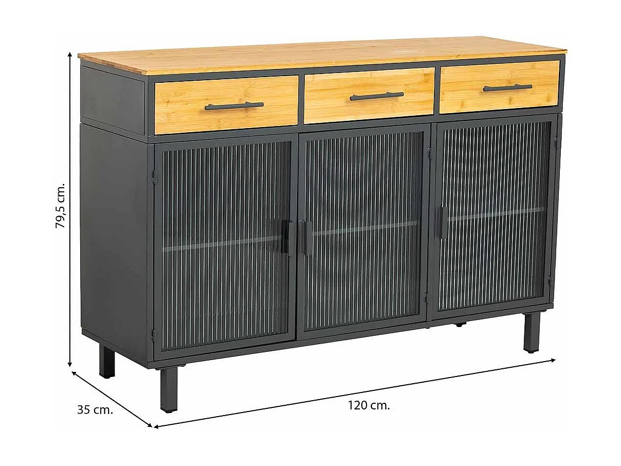 Credenza in vetro, metallo e legno 3 cassetti nero 120x35x79,5h cm