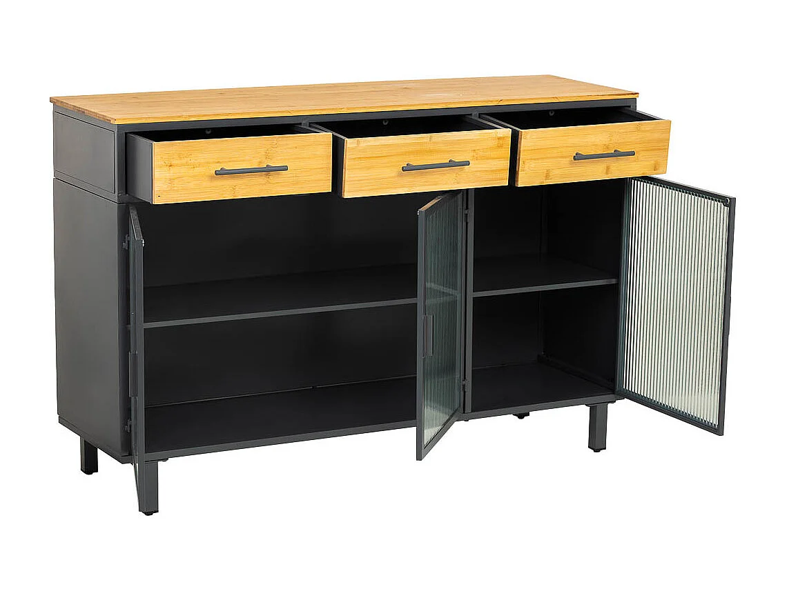 Credenza in vetro, metallo e legno 3 cassetti nero 120x35x79,5h cm