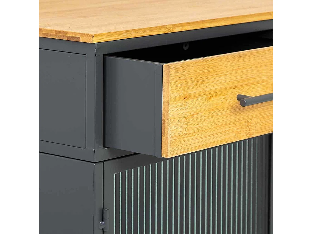 Credenza in vetro, metallo e legno 3 cassetti nero 120x35x79,5h cm