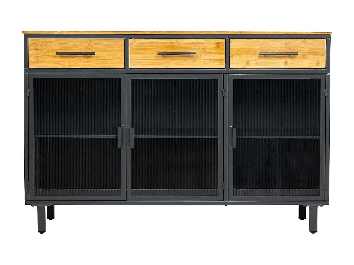 Credenza in vetro, metallo e legno 3 cassetti nero 120x35x79,5h cm