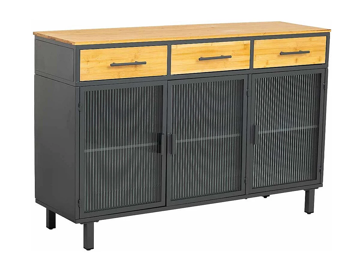 Credenza in vetro, metallo e legno 3 cassetti nero 120x35x79,5h cm
