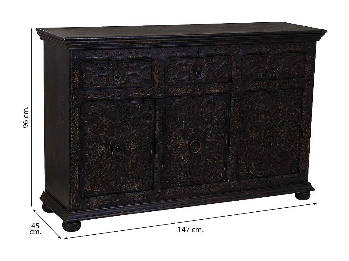 Aparador artesanal em madeira com 3 gavetas e 3 portas 147x45x96h cm