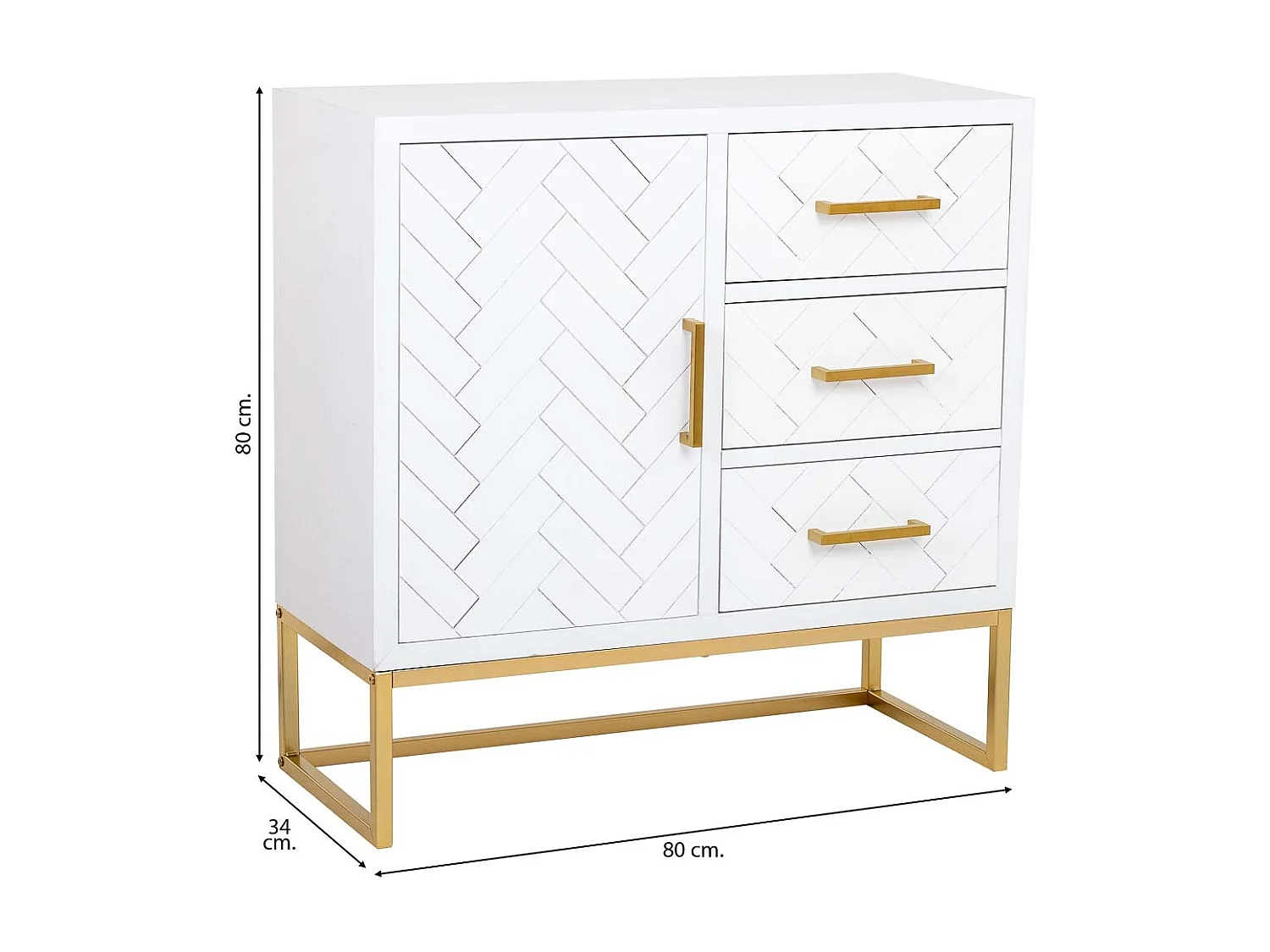 Aparador com 1 porta e 3 gavetas em madeira e metal 80x34x80h cm