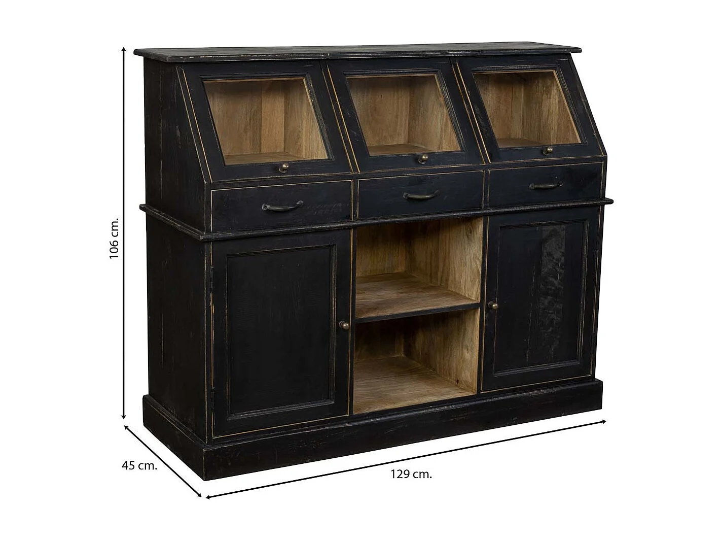 Credenza in legno invecchiato nero 129x45x106h cm
