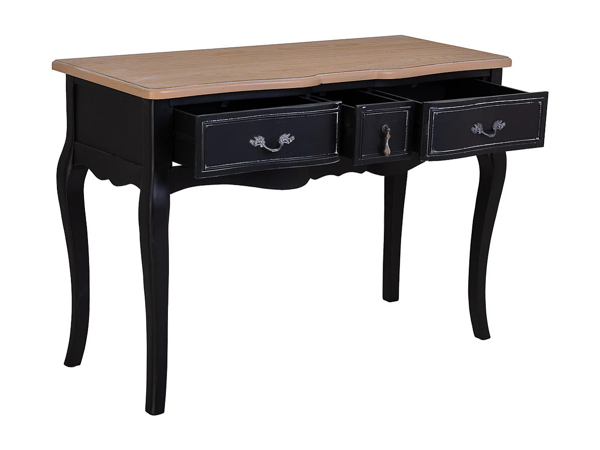 Console en bois laqué noir vieilli avec 3 tiroirs 115x50x80h cm