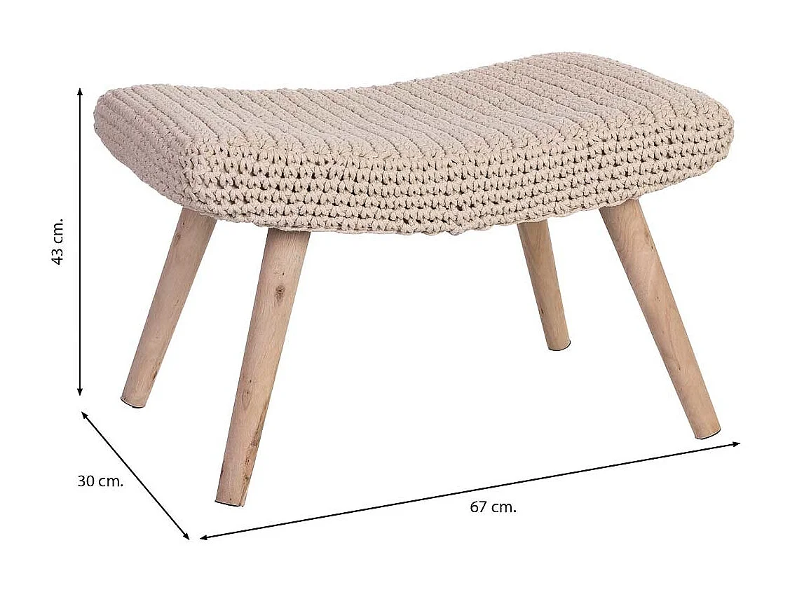 Banco trançado de madeira e algodão bege 67x30x43h cm