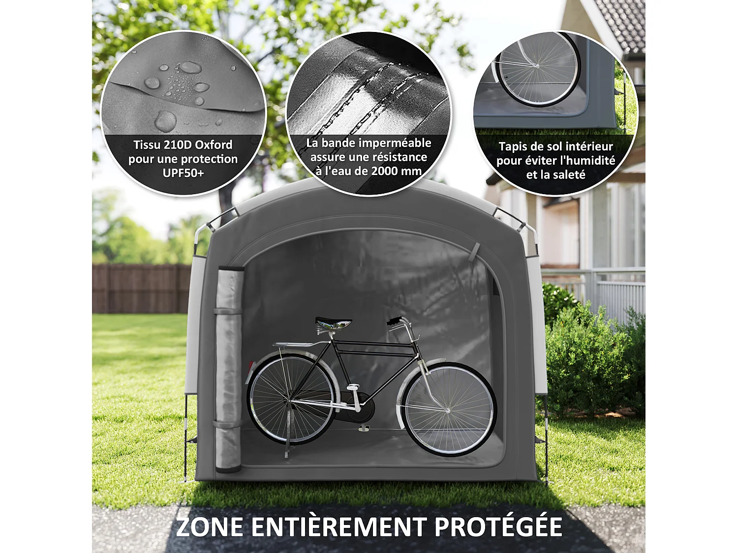 Abri vélo - tente vélo - tente de rangement extérieur - dim. 205 x 140 x 188 cm - fibre de verre oxford gris