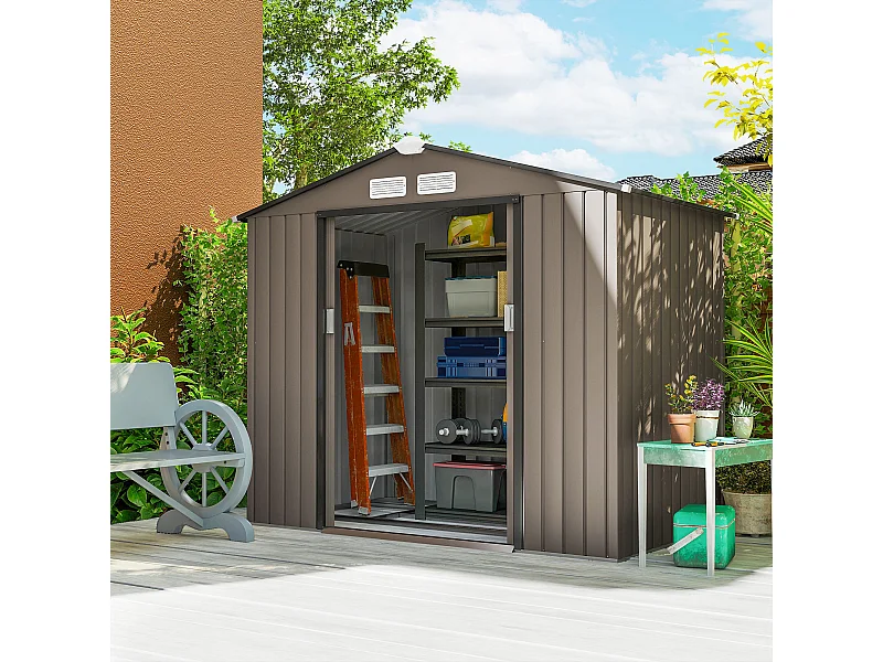 Abri de jardin - remise pour outils - cabanon porte verrouillable - dim. 213L x 130l x 185H cm - tôle d'acier chocolat