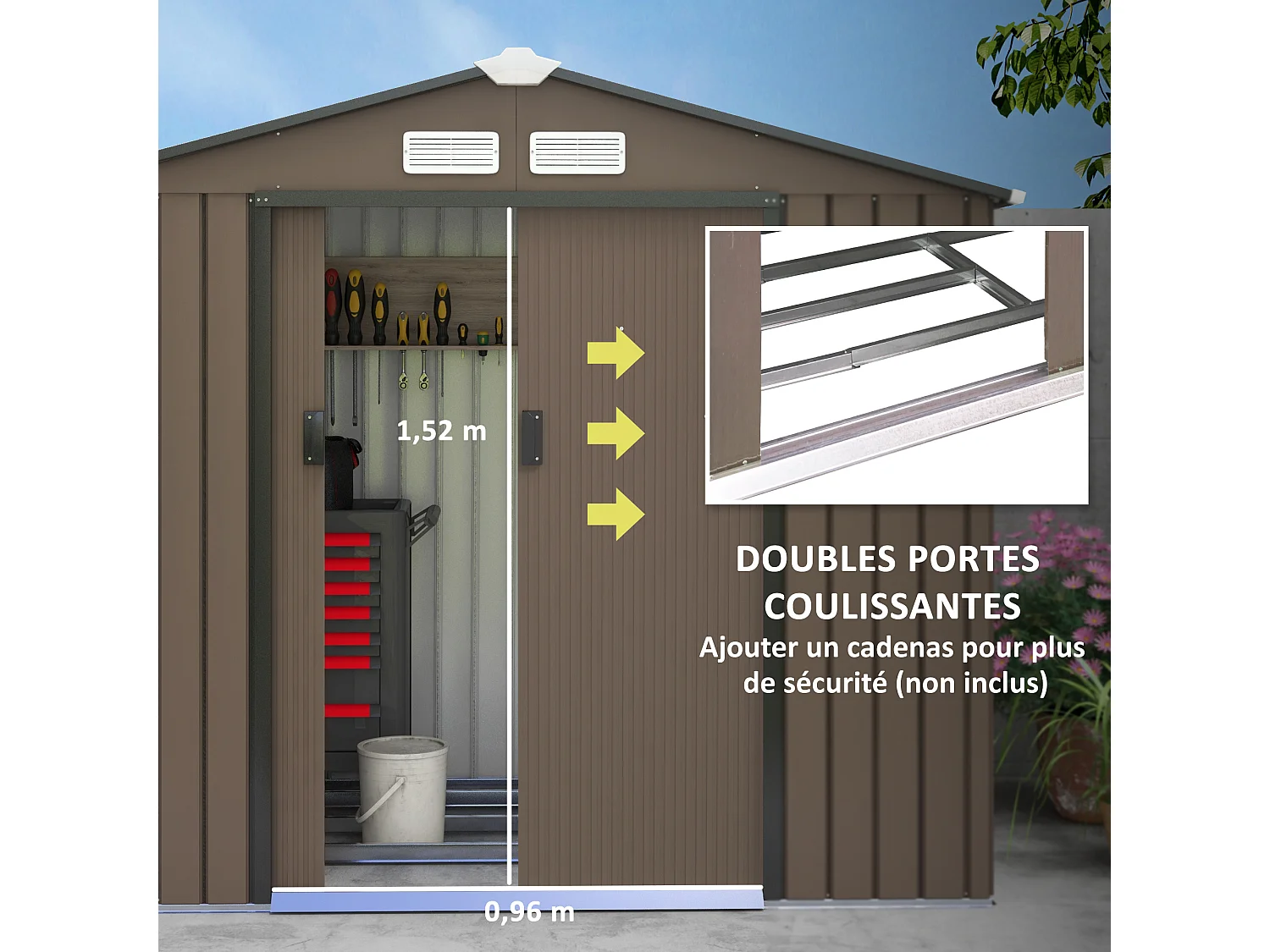 Abri de jardin - remise pour outils - cabanon porte verrouillable - dim. 213L x 130l x 185H cm - tôle d'acier chocolat