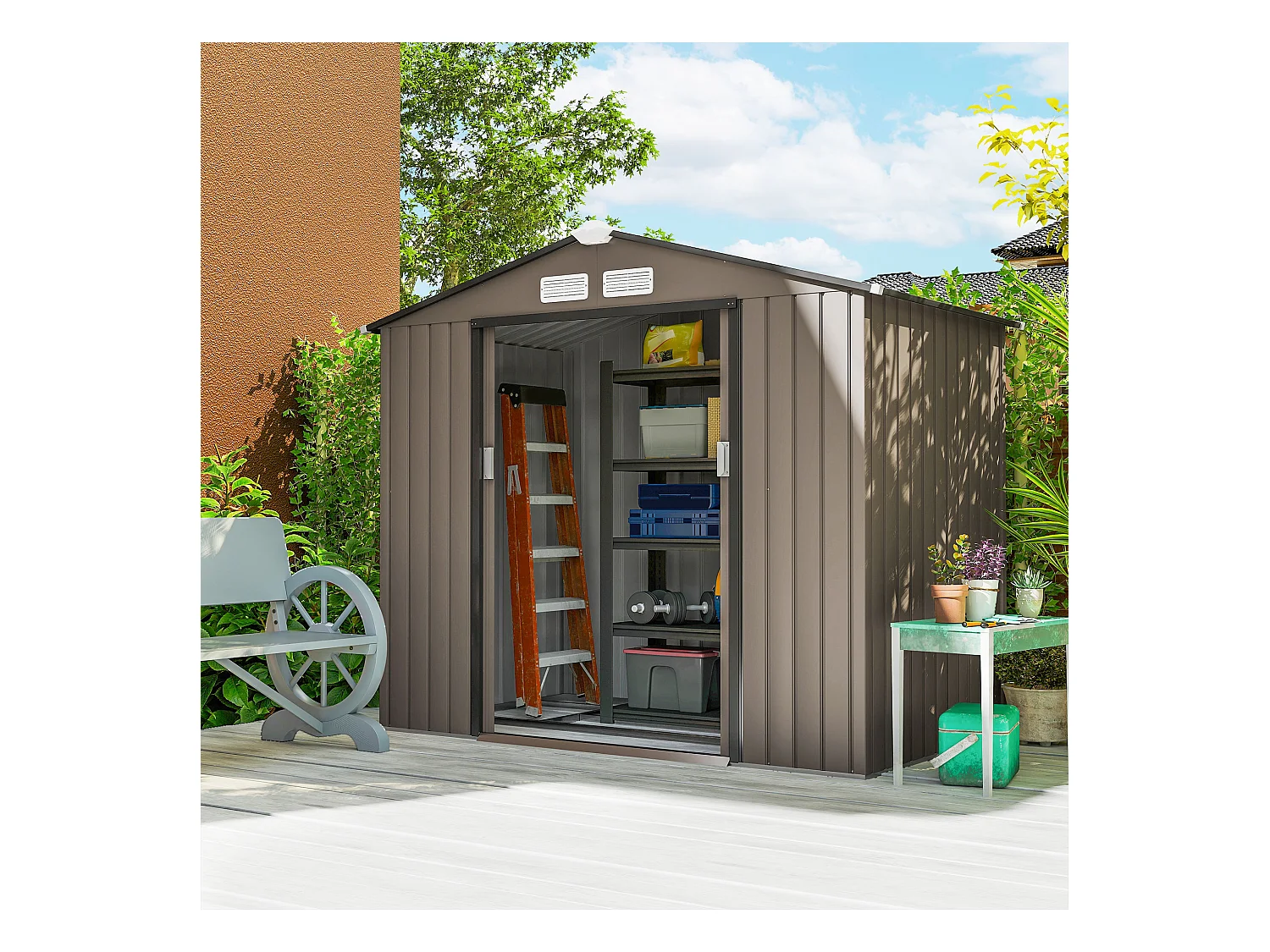 Abri de jardin - remise pour outils - cabanon porte verrouillable - dim. 213L x 130l x 185H cm - tôle d'acier chocolat