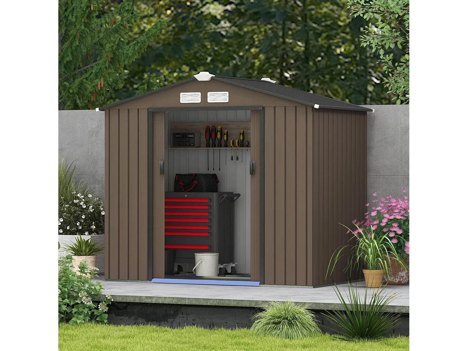 Abri de jardin - remise pour outils - cabanon porte verrouillable - dim. 213L x 130l x 185H cm - tôle d'acier chocolat