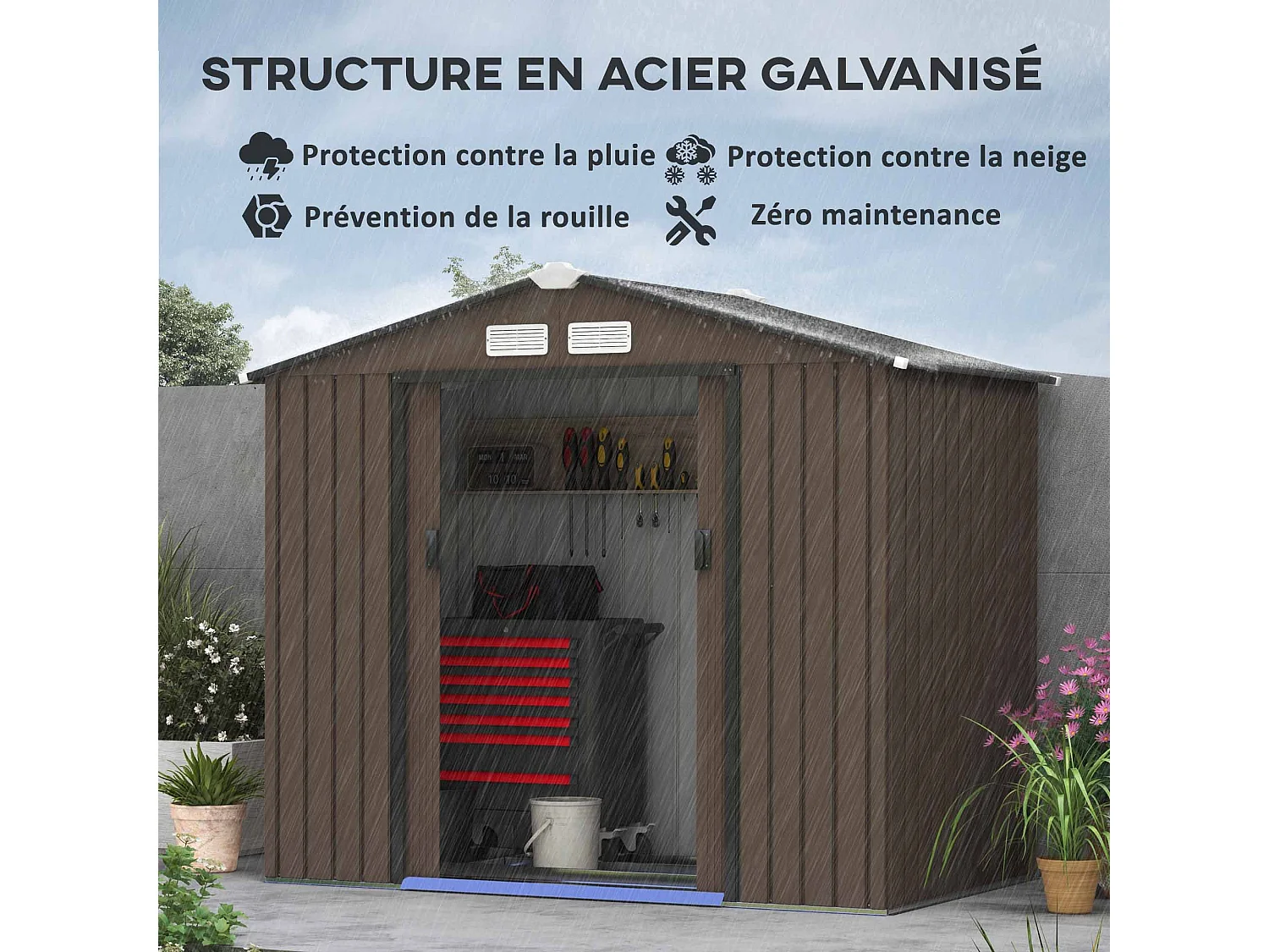 Abri de jardin - remise pour outils - cabanon porte verrouillable - dim. 213L x 130l x 185H cm - tôle d'acier chocolat