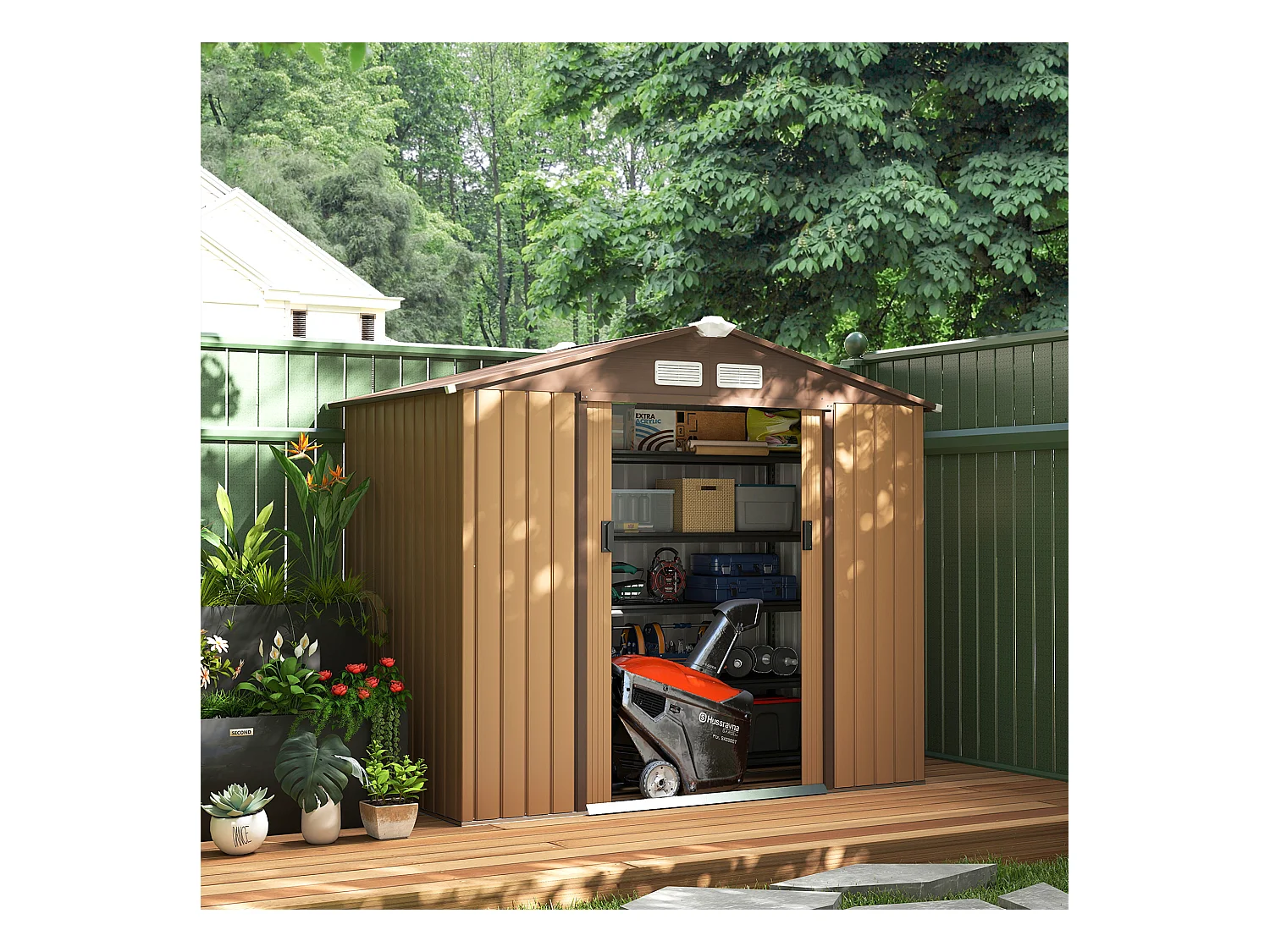 Abri de jardin - remise pour outils - cabanon porte verrouillable - dim. 213L x 130l x 185H cm - tôle d'acier café chocolat