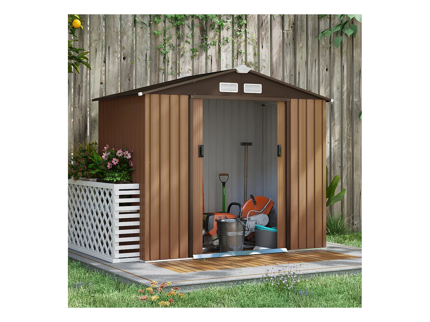 Abri de jardin - remise pour outils - cabanon porte verrouillable - dim. 213L x 130l x 185H cm - tôle d'acier café chocolat