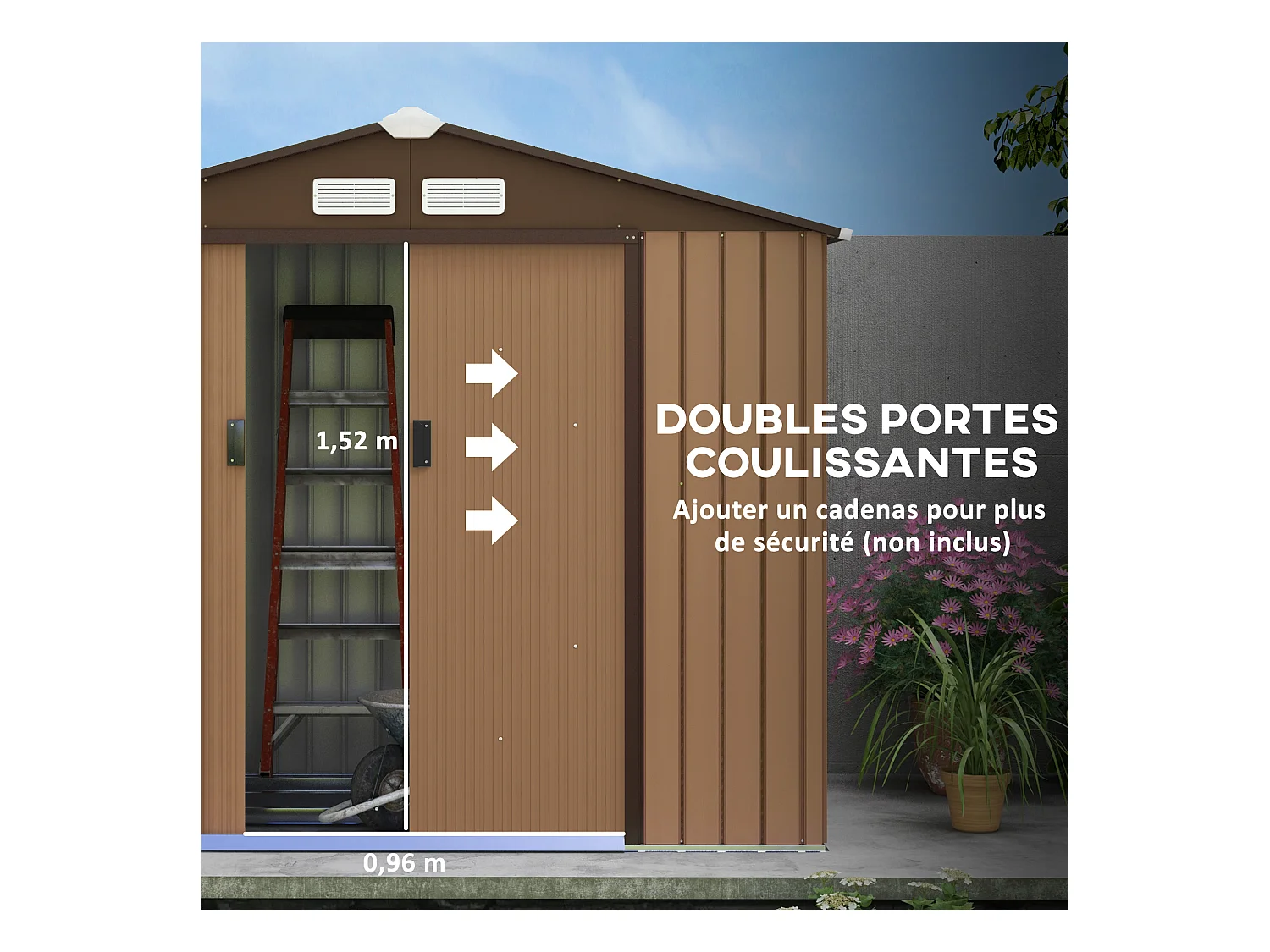Abri de jardin - remise pour outils - cabanon porte verrouillable - dim. 213L x 130l x 185H cm - tôle d'acier café chocolat