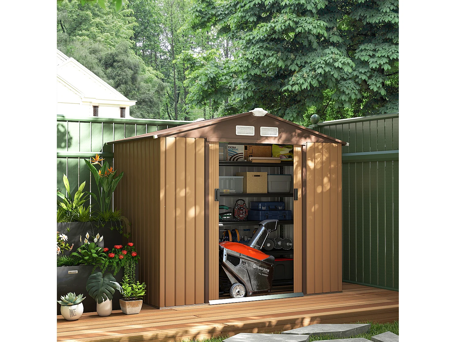 Abri de jardin - remise pour outils - cabanon porte verrouillable - dim. 213L x 130l x 185H cm - tôle d'acier café chocolat