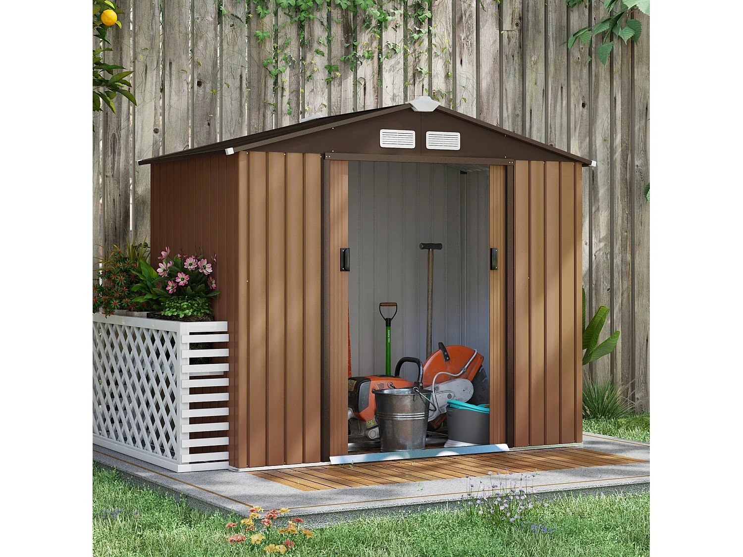 Abri de jardin - remise pour outils - cabanon porte verrouillable - dim. 213L x 130l x 185H cm - tôle d'acier café chocolat