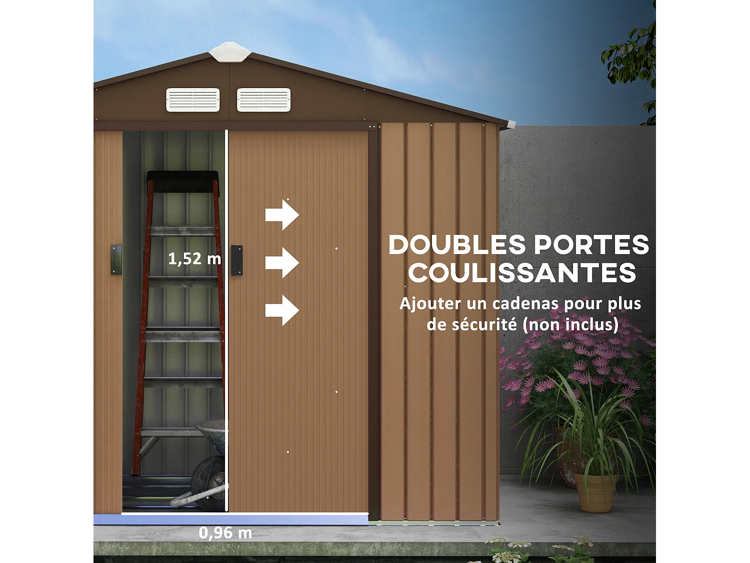 Abri de jardin - remise pour outils - cabanon porte verrouillable - dim. 213L x 130l x 185H cm - tôle d'acier café chocolat