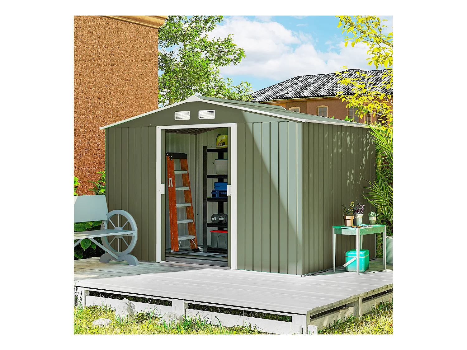 Abri de jardin - remise pour outils - cabanon double porte coulissante - fondation incluse - dim. 277L x 191l x 192H cm - tôle d'acier ondulée vert clair