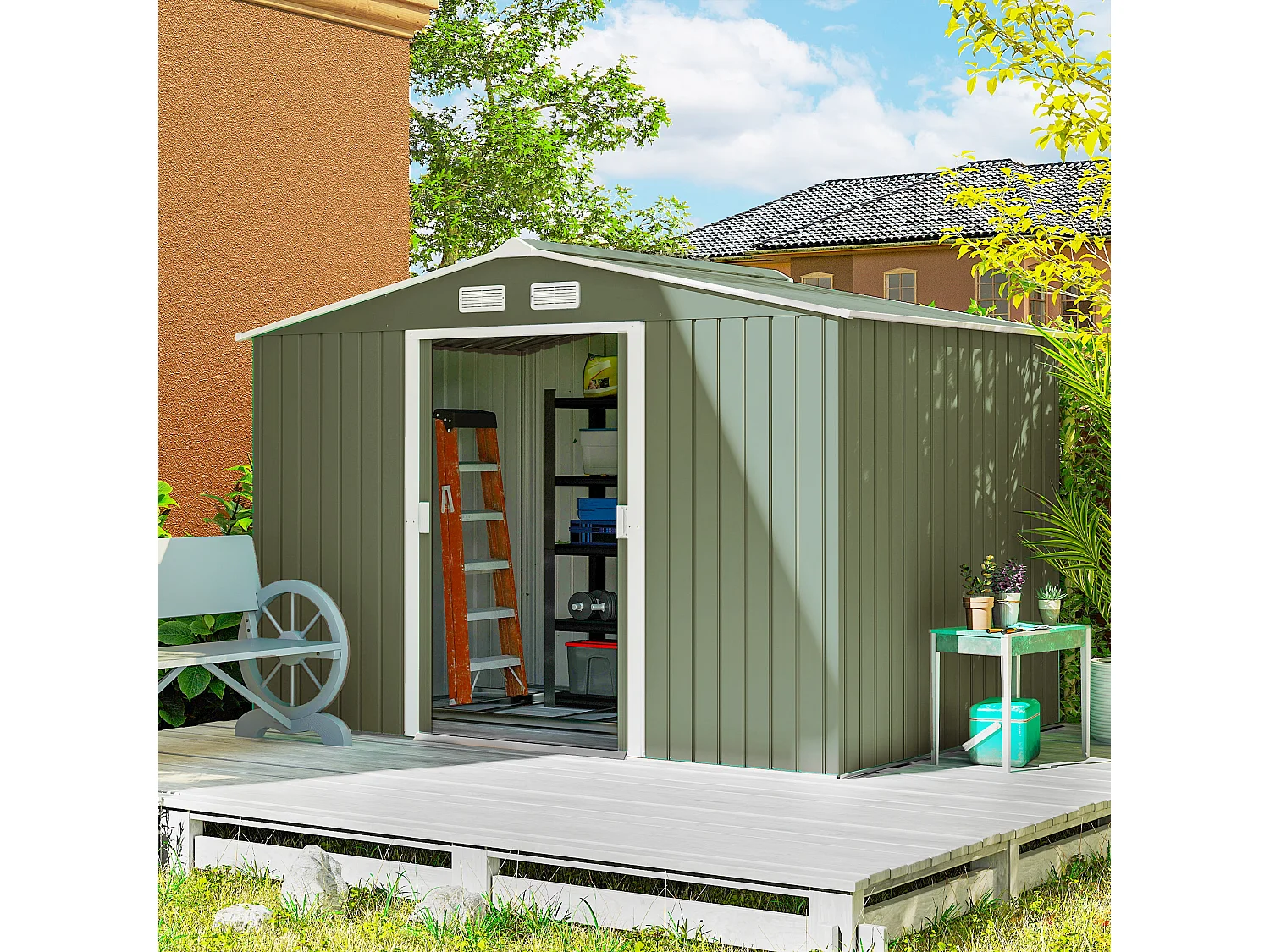 Abri de jardin - remise pour outils - cabanon double porte coulissante - fondation incluse - dim. 277L x 191l x 192H cm - tôle d'acier ondulée vert clair