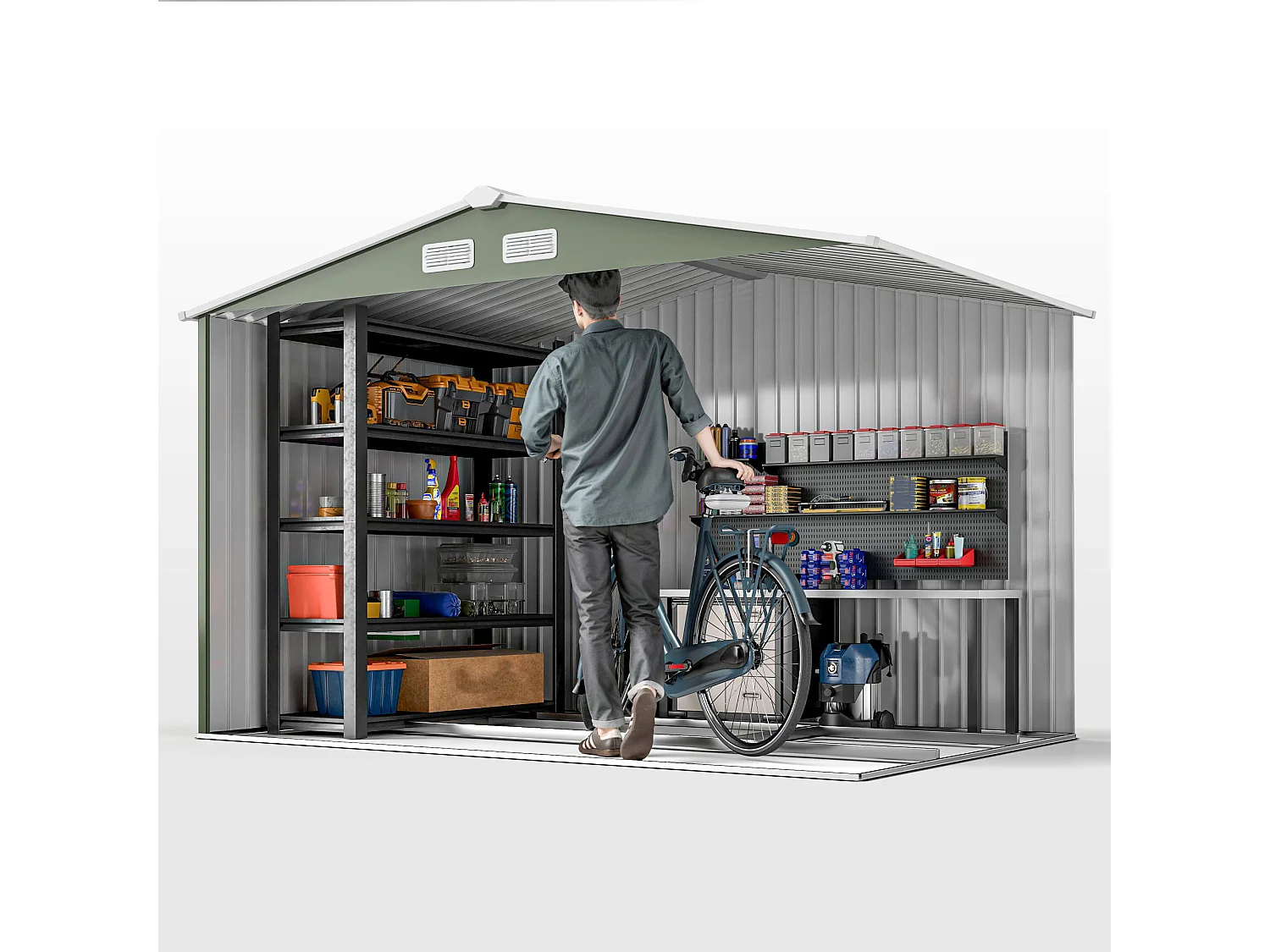 Abri de jardin - remise pour outils - cabanon double porte coulissante - fondation incluse - dim. 277L x 191l x 192H cm - tôle d'acier ondulée vert clair