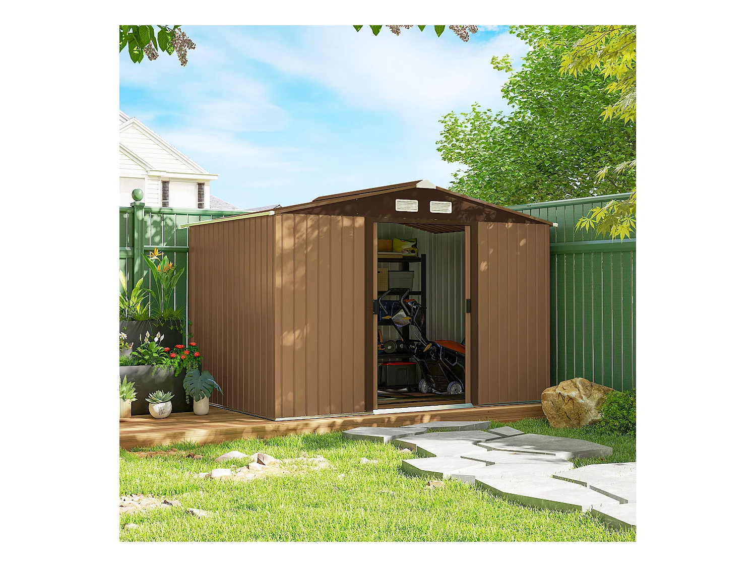 Abri de jardin - remise pour outils - cabanon double porte coulissante - fondation incluse - dim. 277L x 191l x 192H cm - tôle d'acier ondulée terracotta