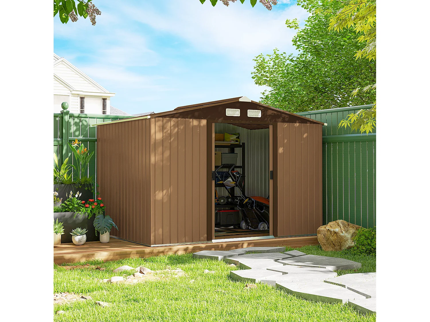 Abri de jardin - remise pour outils - cabanon double porte coulissante - fondation incluse - dim. 277L x 191l x 192H cm - tôle d'acier ondulée terracotta