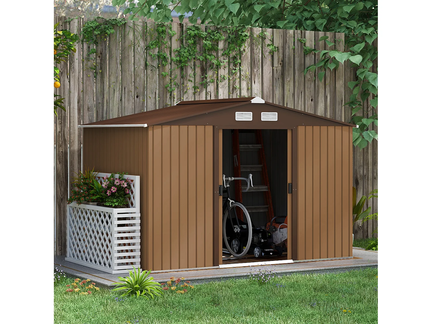 Abri de jardin - remise pour outils - cabanon double porte coulissante - fondation incluse - dim. 277L x 191l x 192H cm - tôle d'acier ondulée terracotta