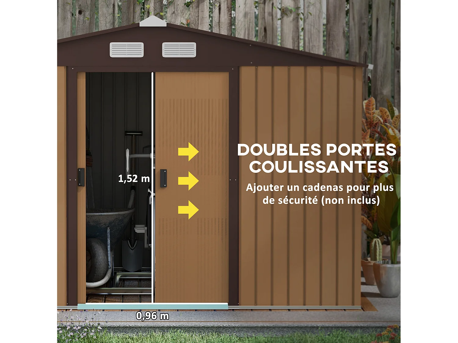 Abri de jardin - remise pour outils - cabanon double porte coulissante - fondation incluse - dim. 277L x 191l x 192H cm - tôle d'acier ondulée terracotta