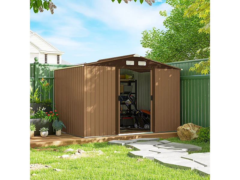 Abri de jardin - remise pour outils - cabanon double porte coulissante - fondation incluse - dim. 277L x 191l x 192H cm - tôle d'acier ondulée terracotta