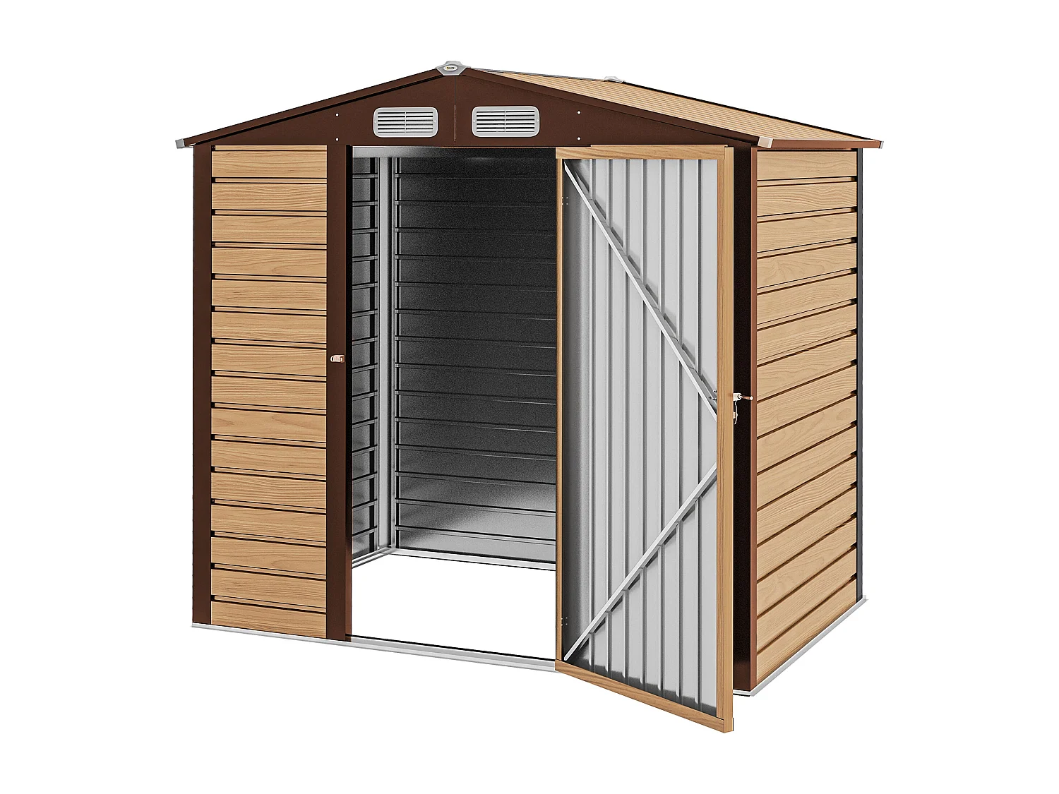 Abri de jardin cabanon dim. 190L x 131l x 188H cm porte verrouillable ventilations tôle acier ondulé marron