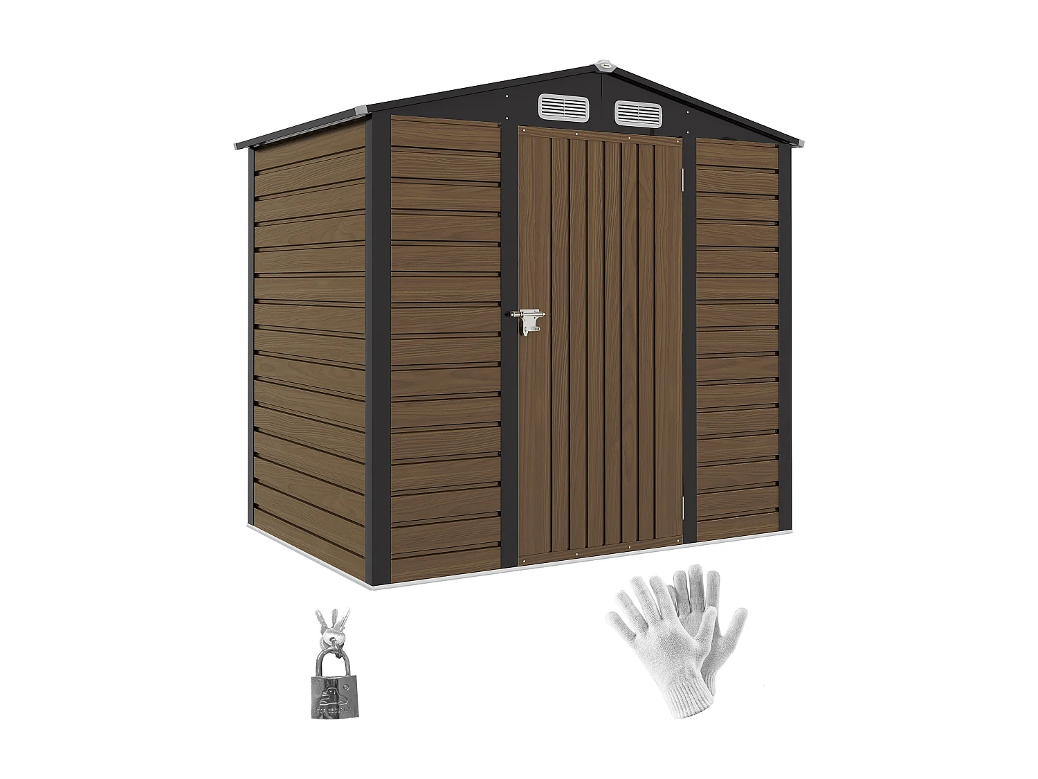 Abri de jardin cabanon dim. 190L x 131l x 188H cm porte verrouillable ventilations tôle acier ondulé marron