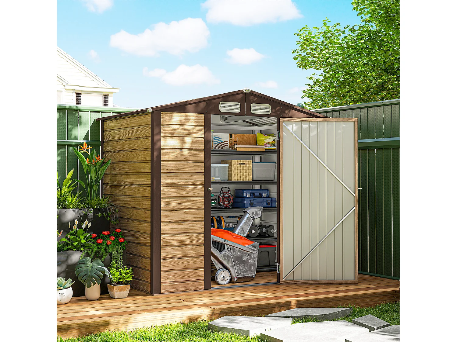 Abri de jardin cabanon dim. 190L x 131l x 188H cm porte verrouillable ventilations tôle acier ondulé marron