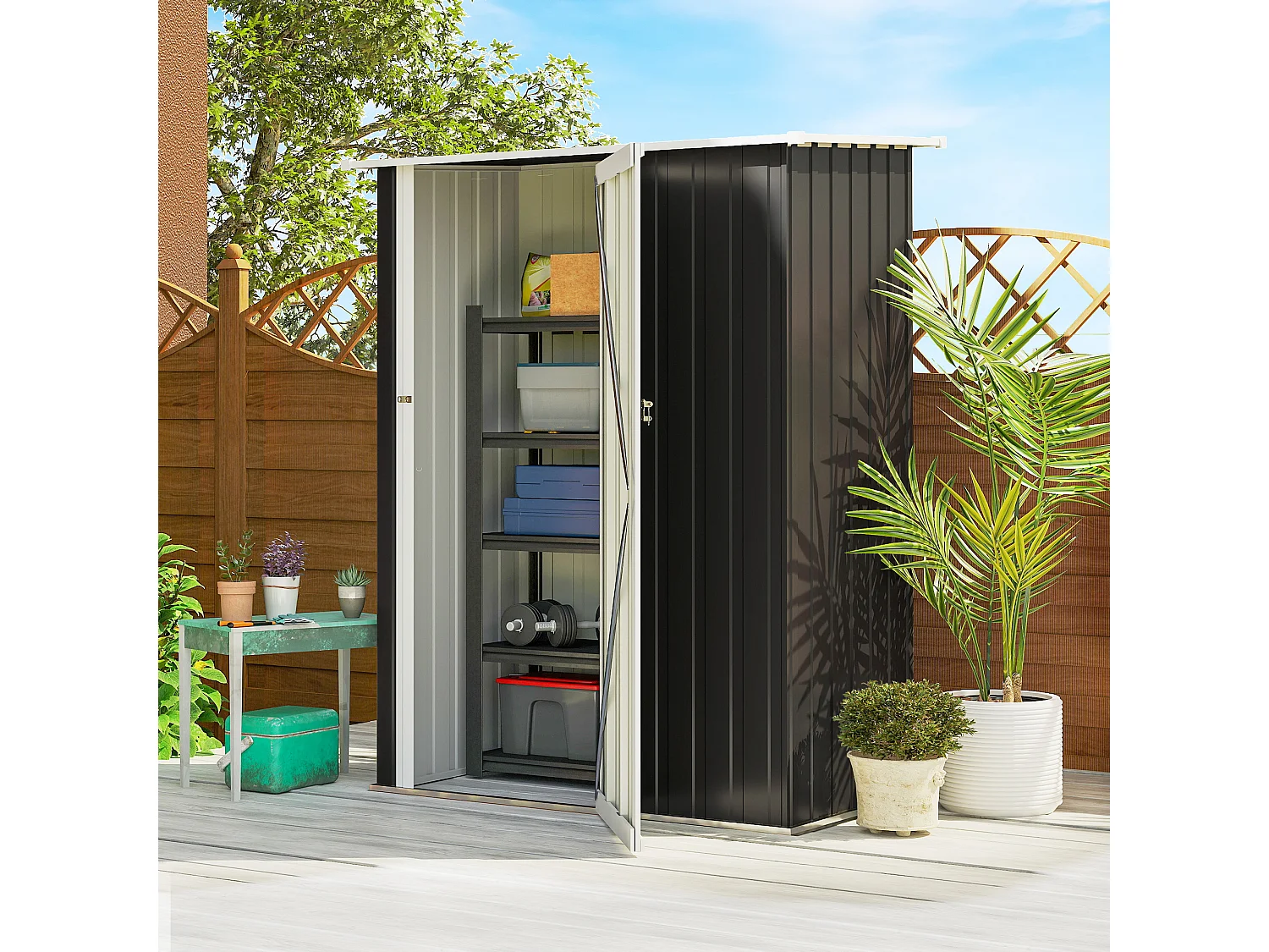 Abri de jardin - remise pour outils - cabanon porte verrouillable - dim. 142L x 84l x 189H cm - tôle d'acier anthracite blanc